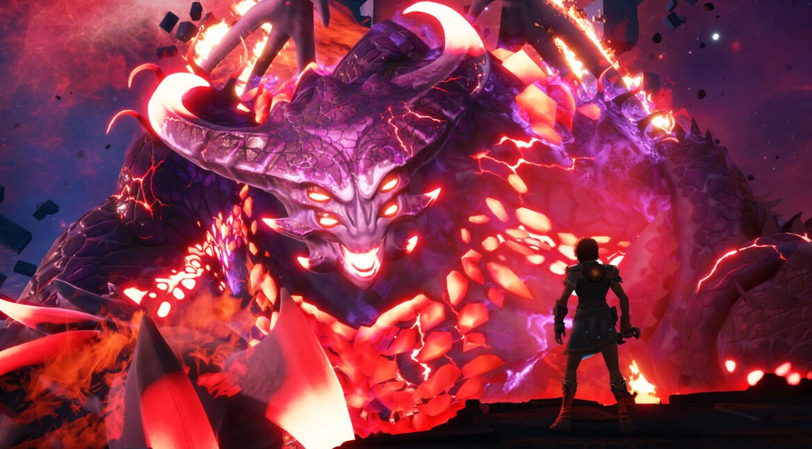 Im Spiel "Immortals Fenyx Rising" kämpft der Spieler gegen ein riesiges, rotes Ungeheuer mit Hörnern.