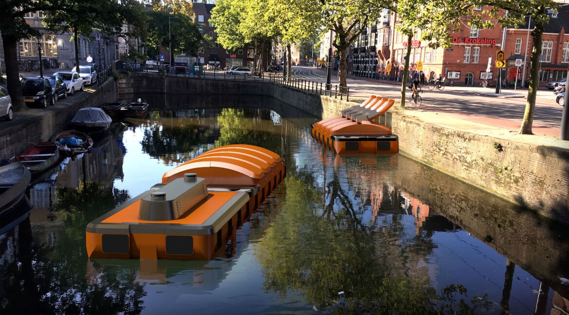 Eine 3D-Simulation des autonom fahrenden Roboter-Boots "Roboat" schwimmt in einer Gracht in Amsterdam.