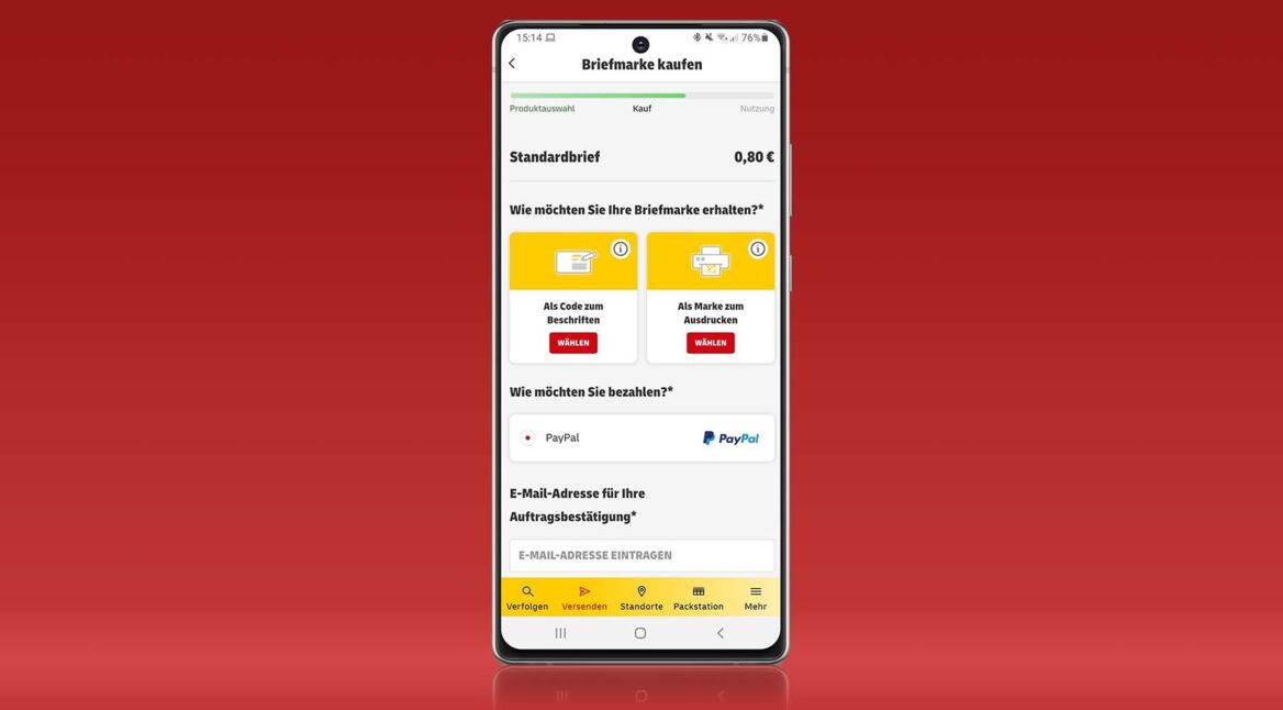 Screenshot vom Briefmarken-Kauf in der "Post & DHL"-App
