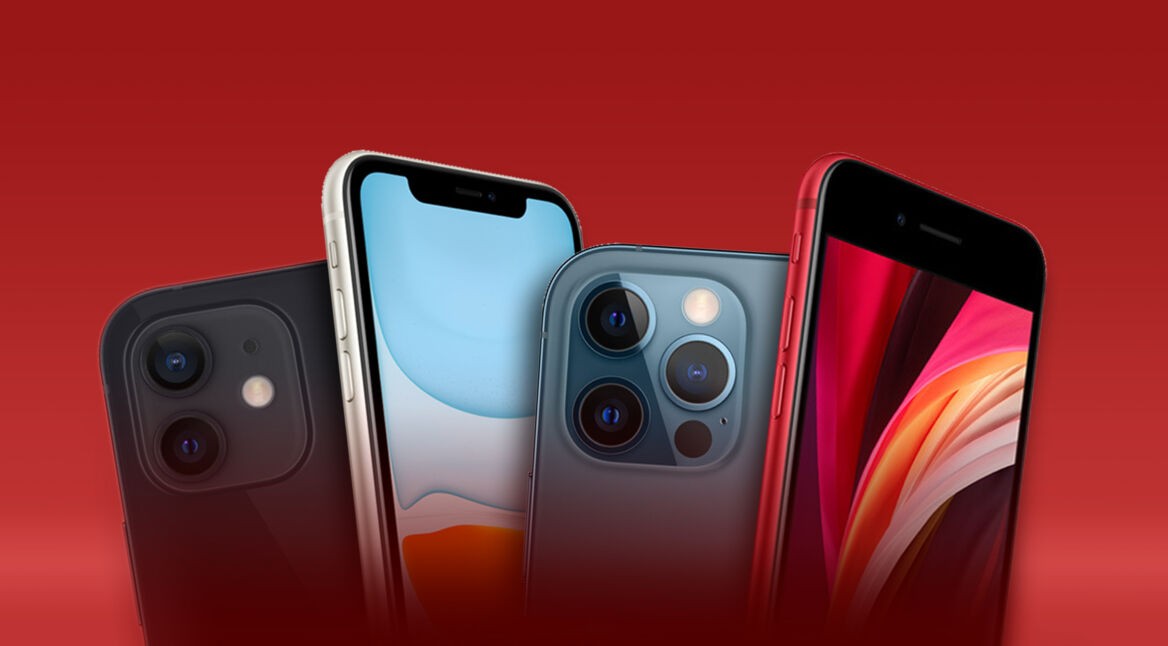 Mehrere iPhone-Modelle vor rotem Hintergrund