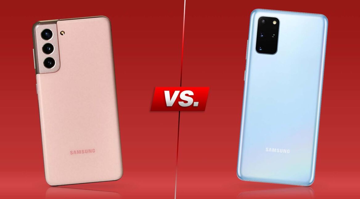 Galaxy S21 links und Galaxy S20 rechts vor rotem Hintergrund