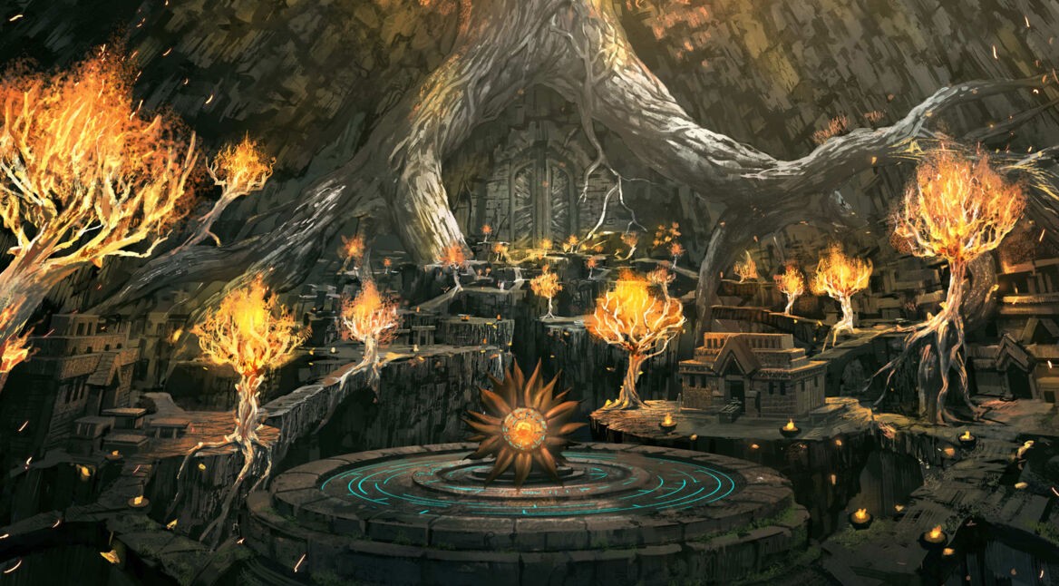 Artwork aus dem Spiel "Atelier Ryza 2", zu sehen ist ein Dorf am Fuße eines riesigen Baums.