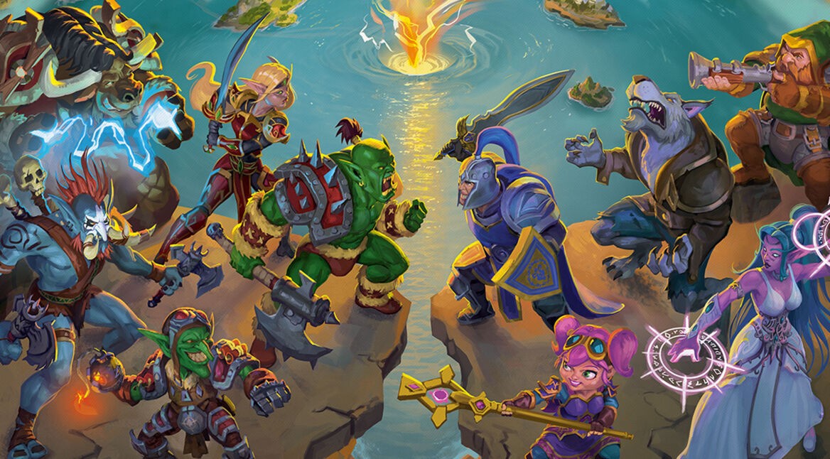 Verschiedene Völker und Fantasiewesen aus dem Brettspiel "Small World of Warcraft" stehen sich auf einer Klippe gegenüber.