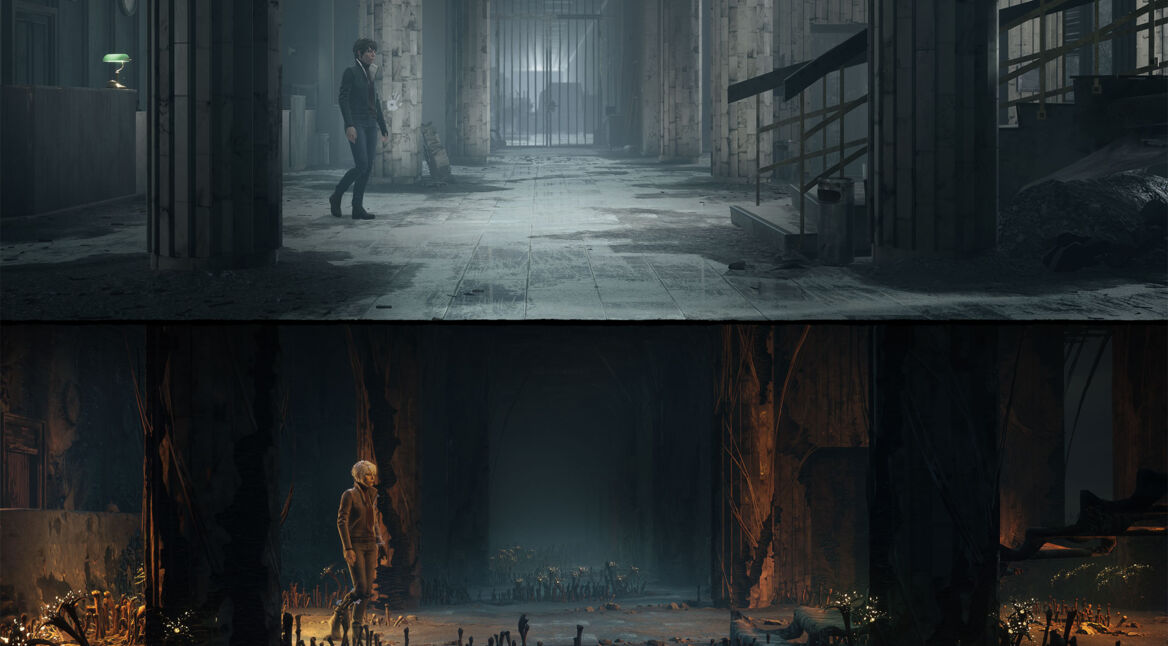 Screenshot aus dem Xbox-Spiel "The Medium". Die Protagonistin läuft einmal in schwarzer, einmal in weißer Kleidung durch ein Gebäude in der realen bzw. in der spirituellen Welt.