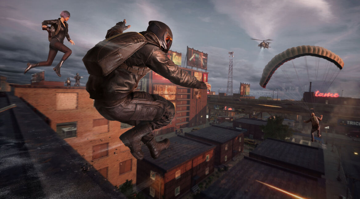 Screenshot aus dem Battle-Royal-Game "Player Unknown's Battlegrounds". Die Spielfiguren springen über Dächer.