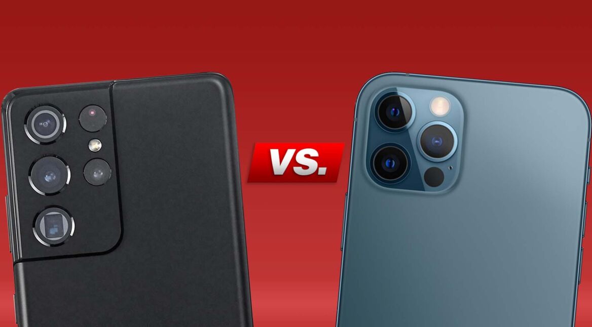 Kameras von Galaxy S21 Ultra und iPhone 12 Pro Max nebeneinander