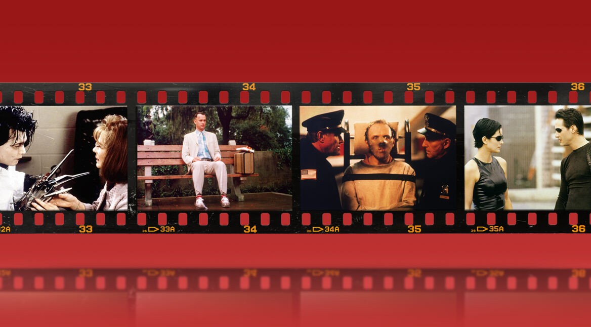 Filmstreifen mit Bildern aus Edward mit den Scherenhänden, Forrest Gump, Schweigen der Lämmer und Matrix