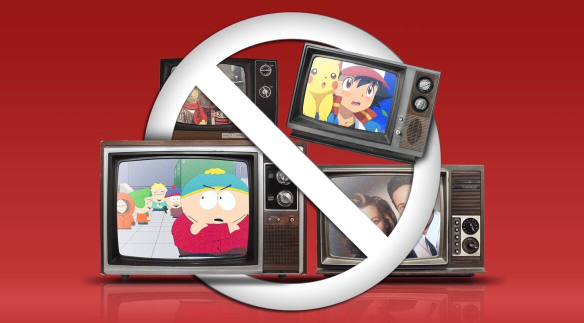 Vier Fernseher mit verbotenen TV-Episoden