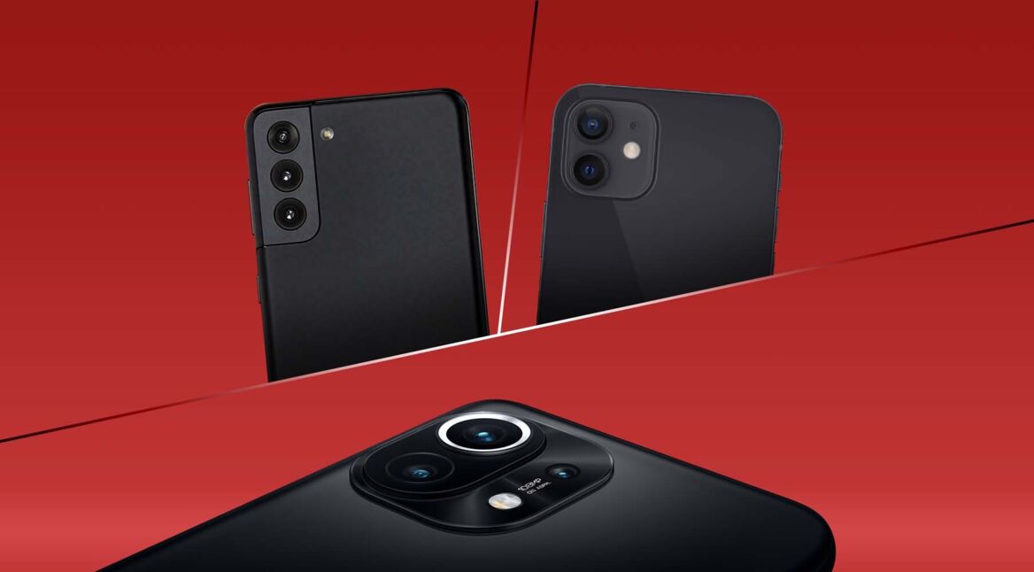 Galaxy S21, iPhone 12 und Xiaomi Mi 11 Rückseiten mit Kamera