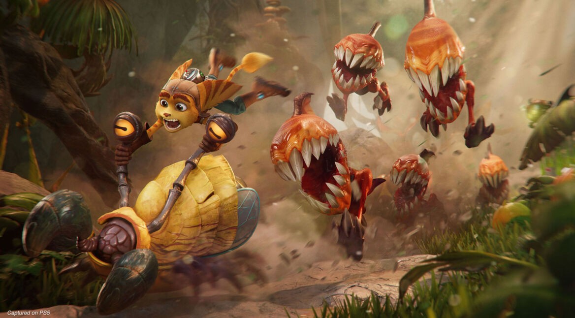 Ratchet und Clank fliehen vor ihren feinden. Ein Screenshot aus dem Spiel Ratchet & Clank: Rift Apart