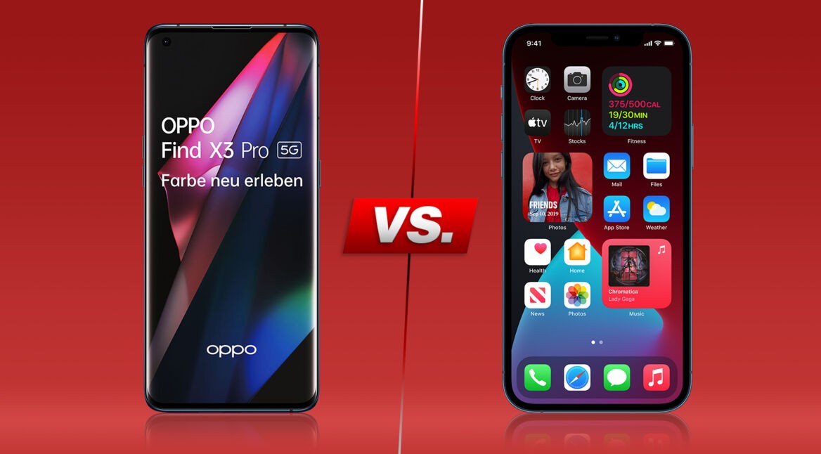 Oppo Find X3 Pro und iPhone 12 Pro Max nebeneinander vor rotem Hintergrund