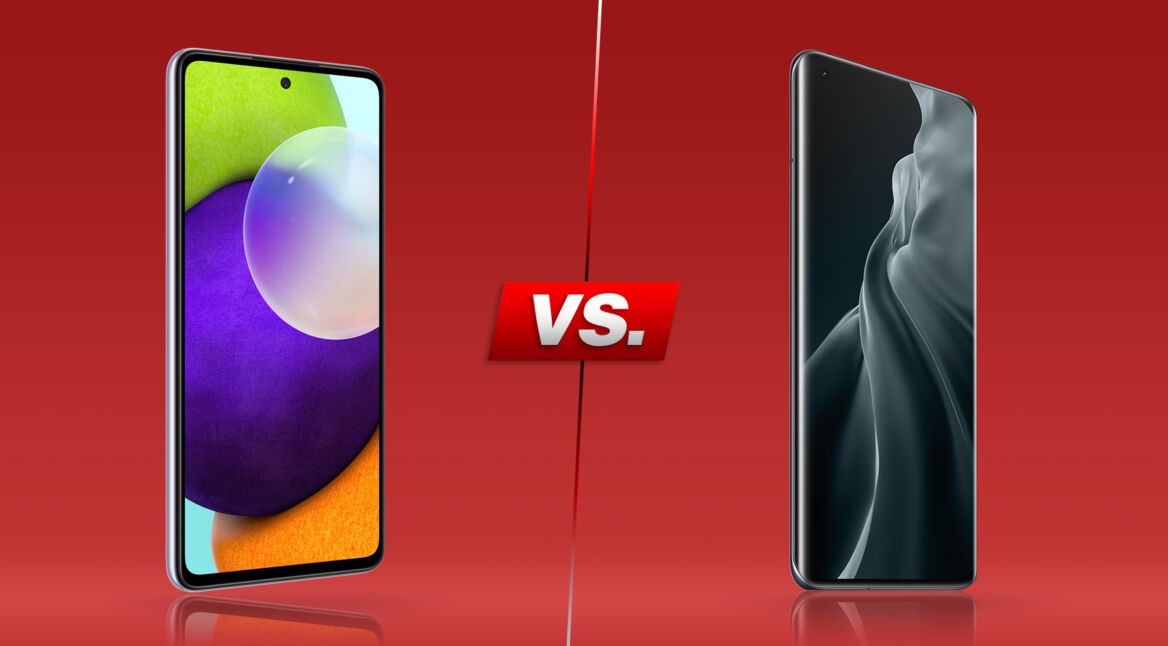 Galaxy A52 und Xiaomi Mi 11 von vorne nebeneinander (roter Hintergrund)