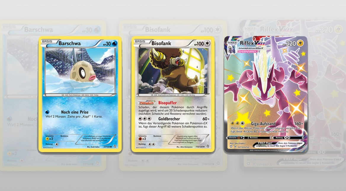 Drei Pokémon-Karten unterschiedlicher Seltenheit