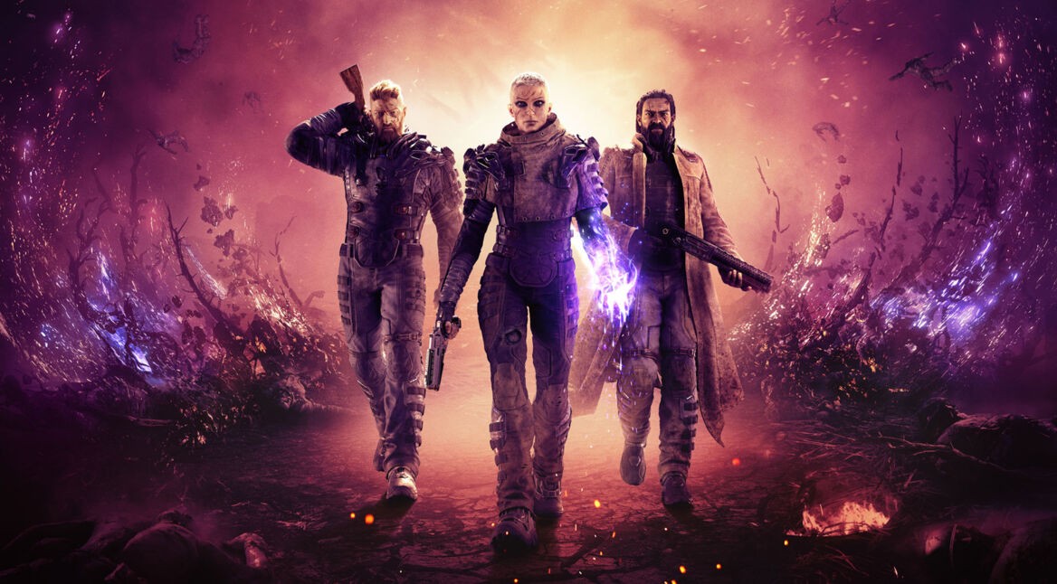 Eine bewaffnete Frau und zwei Männer aus dem Spiel "Outriders" nähern sich in Science-Fiction-Outfits.