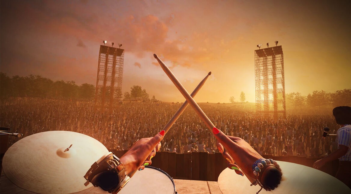 Zwei virtuelle Hände halten Schlagzeug-Sticks und spielen auf dem Woodstock-Festival 1969.