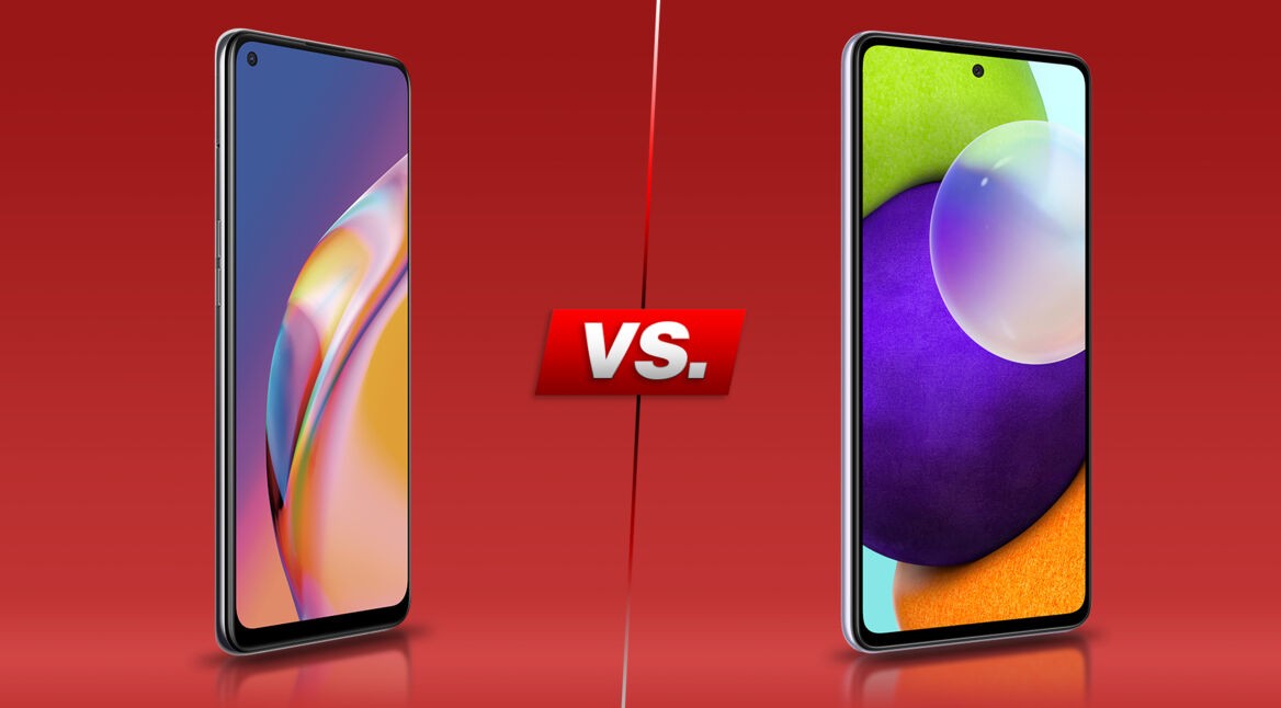 Oppo A94 5G und Galaxy A52 5G vor rotem Hintergrund