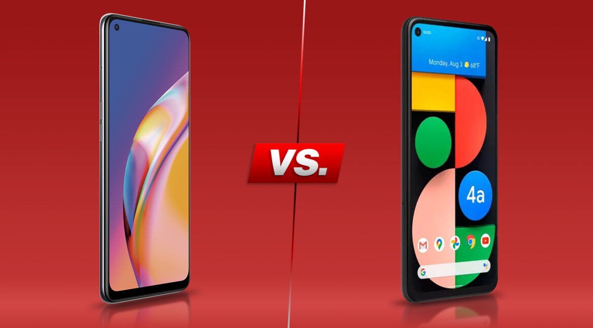 Oppo A94 5G und Pixel 4a 5G vor rotem Hintergrund