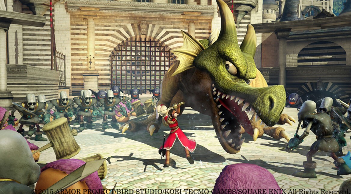 Eine Schwertkämpferin bekämpft einen Drachen im Spiel "Dragon Quest"