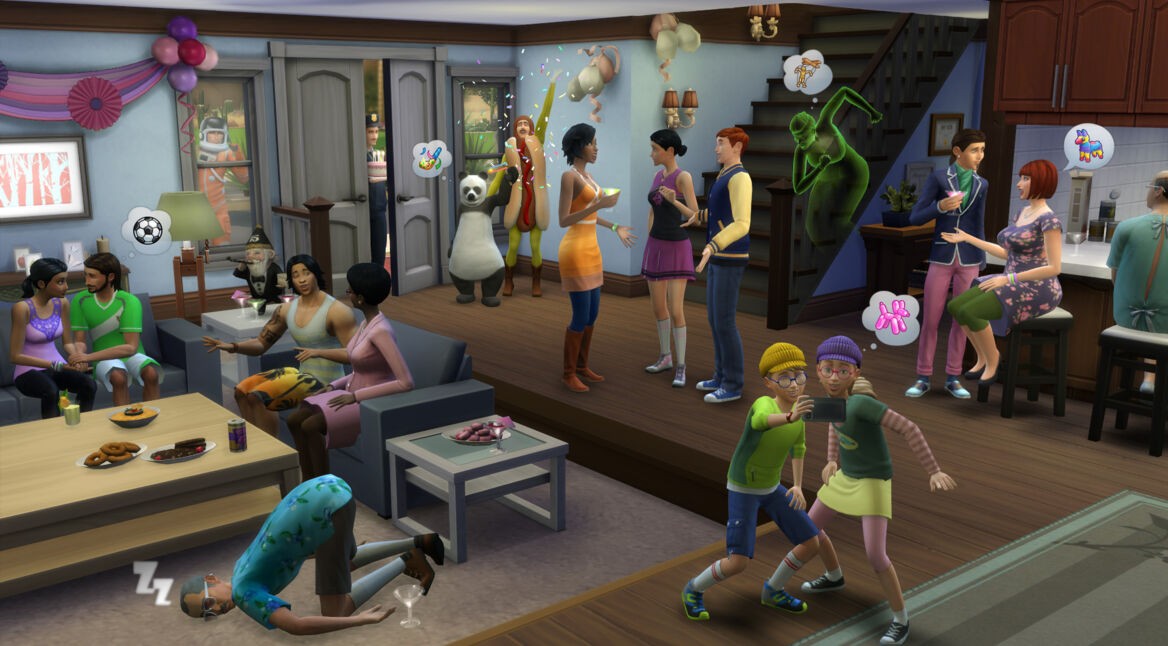 Ein Haushalt in "Die Sims 4": Sims spielen, reden oder schlafen in einem Wohnzimmer.