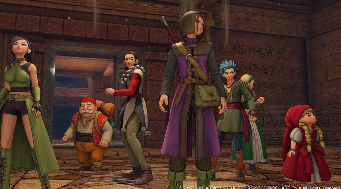 Der Held aus dem Spiel "Dragon Quest XII" und seine Kumpanen stehen in einer Kammer.