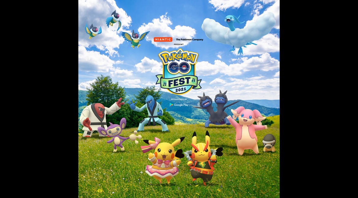 Mehrere Pokémon sind auf einer Wiese zu sehen. Ein Bild zum Pokémon GO Fest 2021.