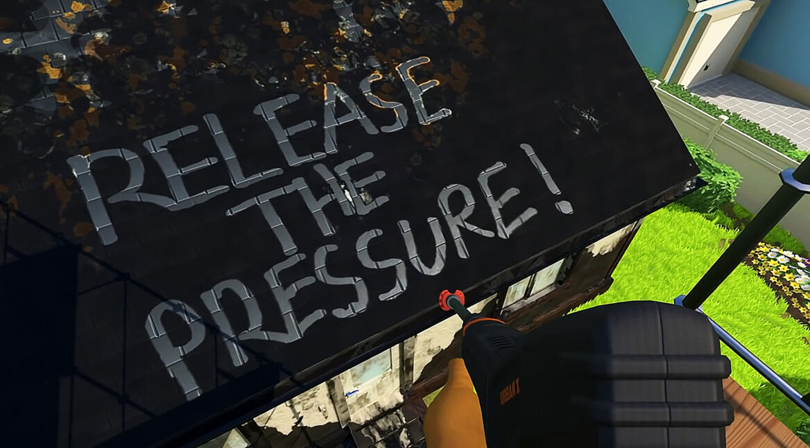 Mit dem PowerWash Simulator kannst du Text auf schmutzige Dächer schreiben
