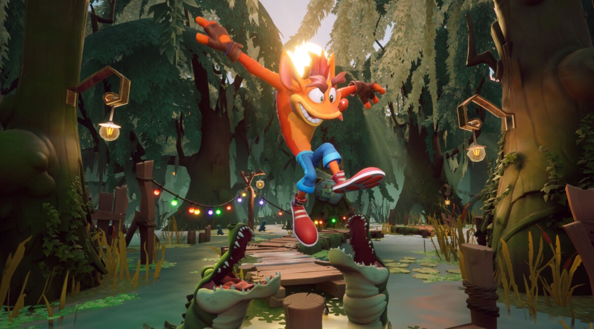 Der Gaming-Beuteltier Crash Bandicoot springt auf einen Fluss mit Alligatoren zu.