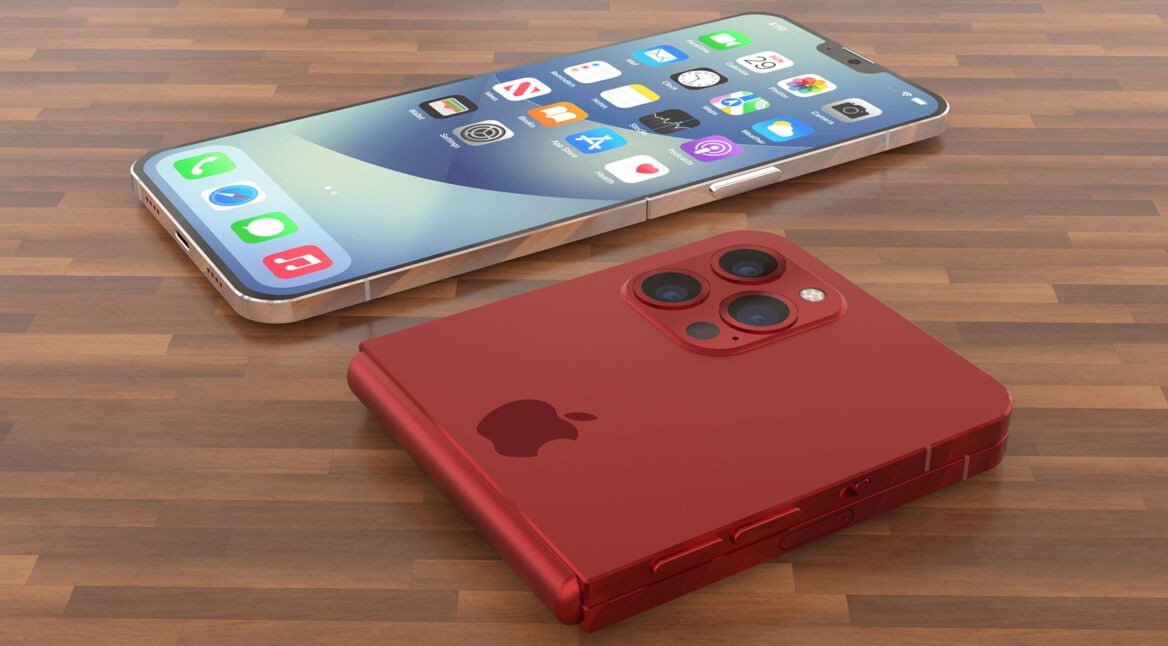 Konzeptdesign: Ein faltbares iPhone in Rot liegt auf einem Holztisch.