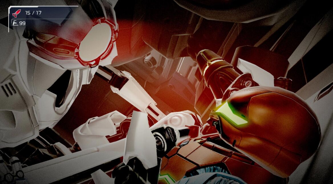 Ein Roboter kämpft gegen Samus Aran im Spiel Metroid Dread