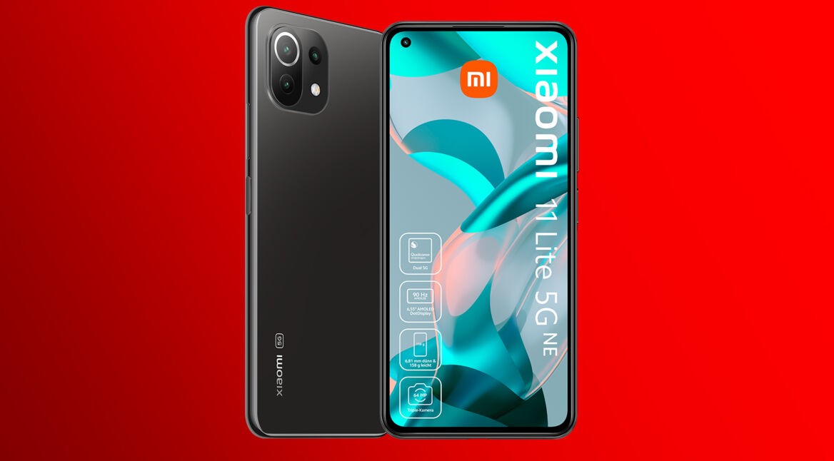 Das neue Xiaomi 11 Lite 5G NE frontal und rückseitig in Truffle Black.