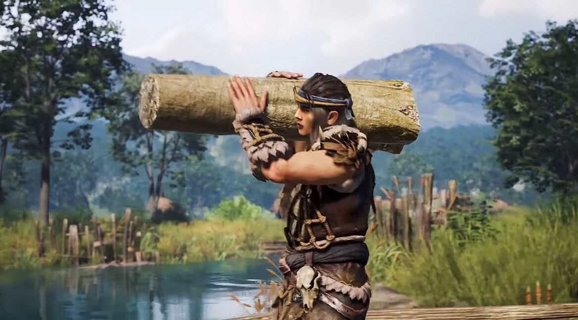 Jemand transportiert in Myth of Empires einen Baumstamm