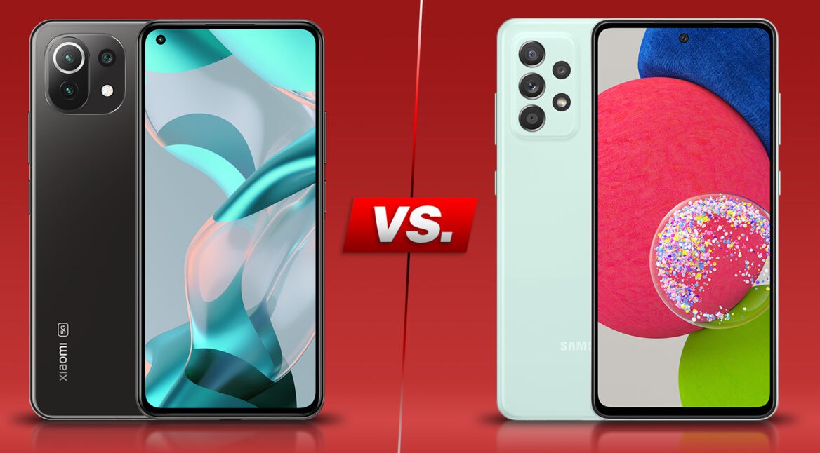 Das Xiaomi 11 Lite 5G NE und das Galaxy A52s 5G auf rotem Hintergrund