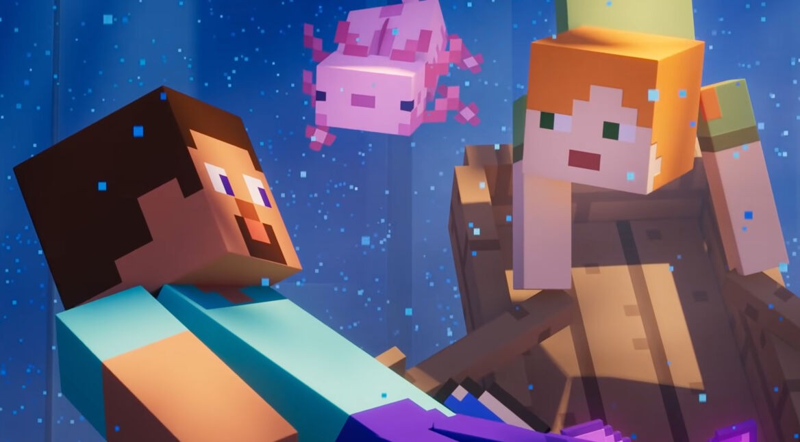 Zwei Charaktere aus Minecraft und ein Axolotl