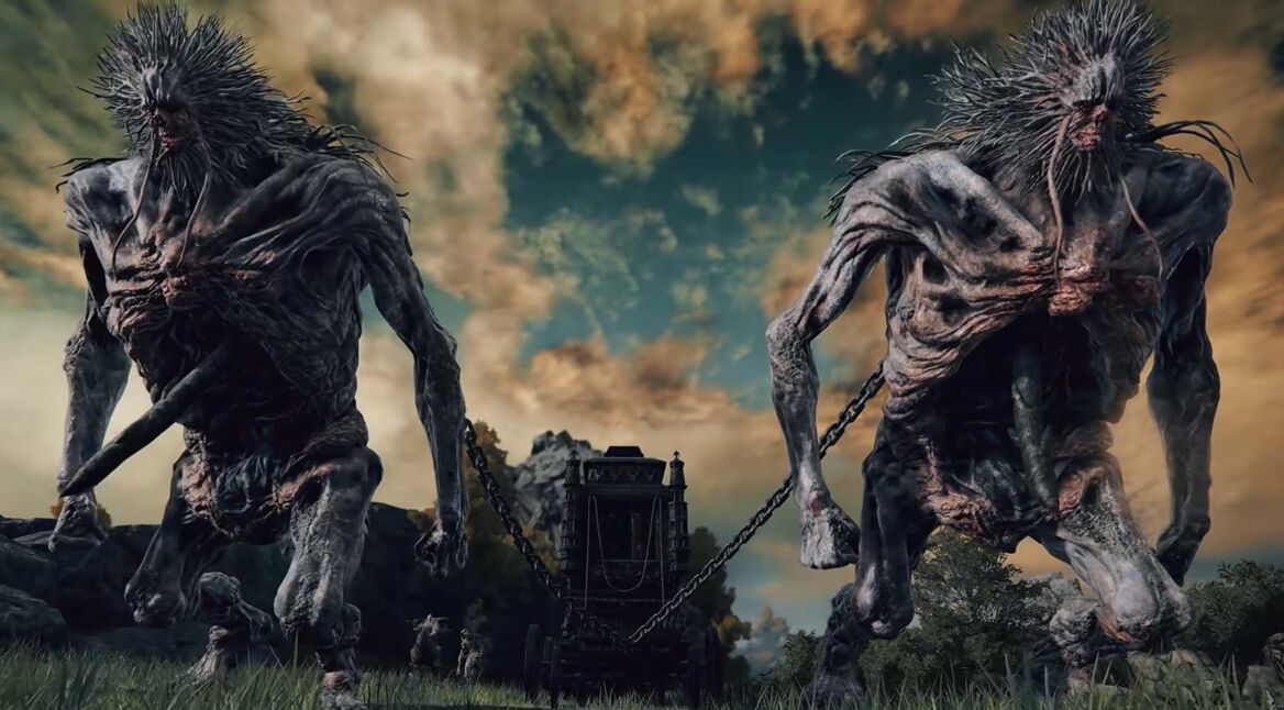 Zwei angekettete Monster ziehen in Elden Ring einen Wagen