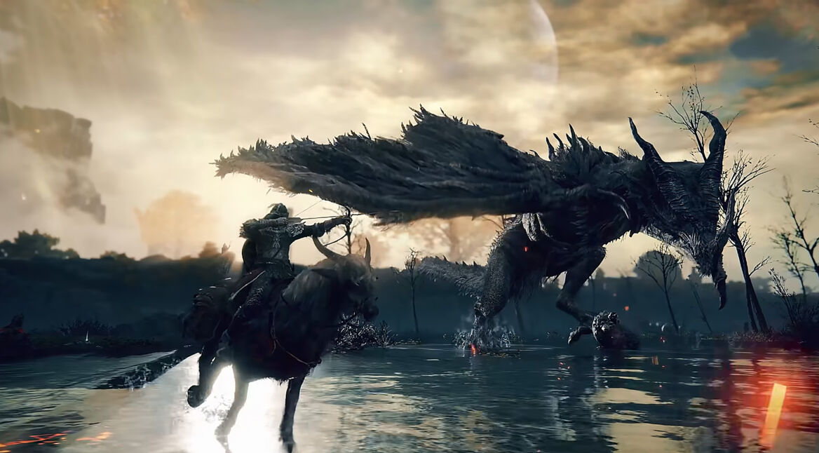 Ein Charakter kämpft auf seinem Pferd mit Pfeil und Bogen gegen einen Drachen in Elden Ring