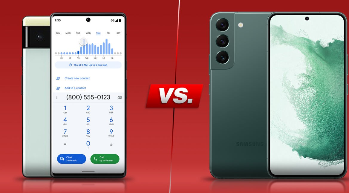 Smartphones Pixel 6 und Galaxy S22 von vorne und hinten nebeneinander vor rotem Hintergrund