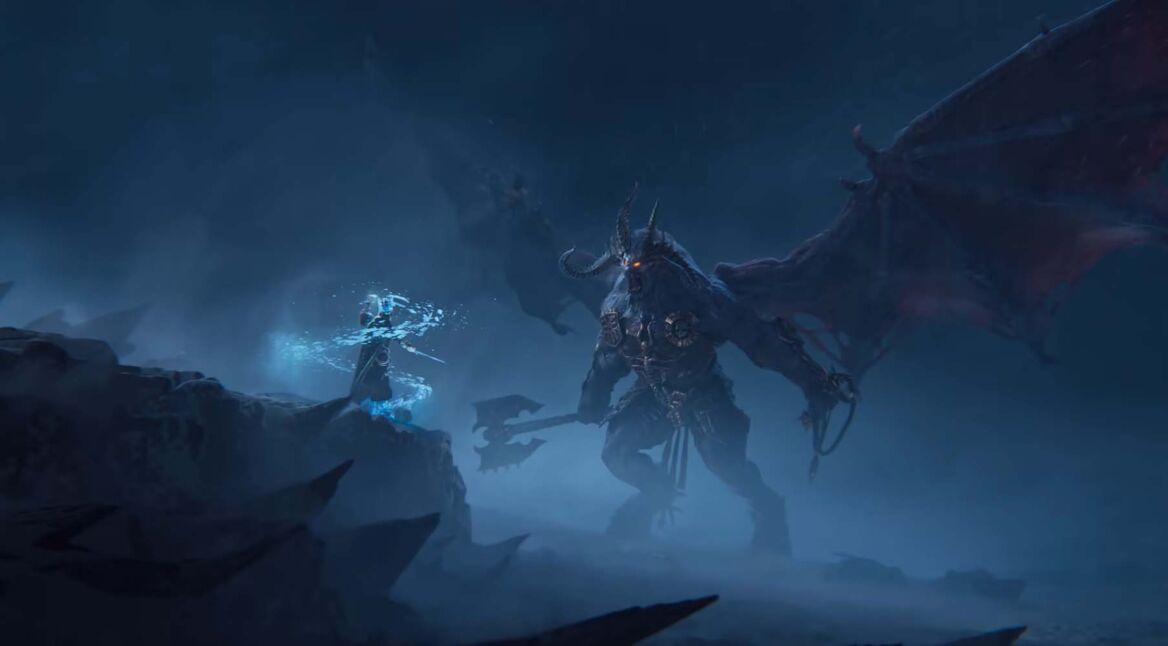 Ein Held kämpft in Total War: Warhammer 3 gegen einen Dämon.