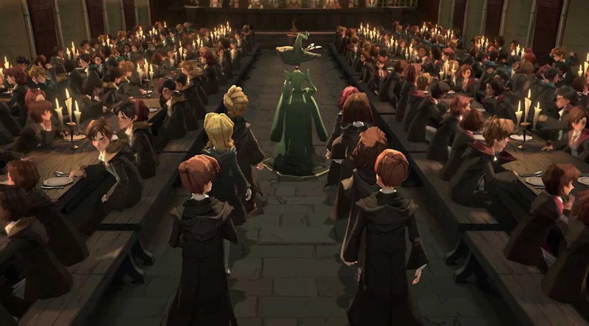 Die neuen Schüler:innen durchqueren die große Halle im Spiel Harry Potter: Magic Awakened