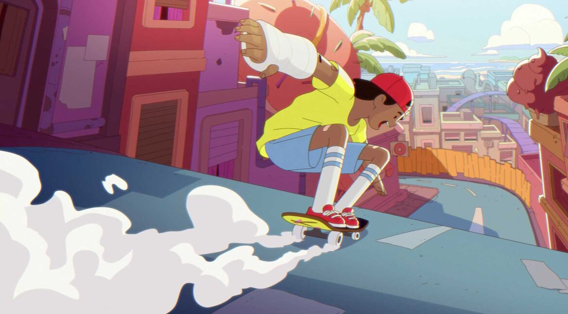 Ein Charakter aus OlliOlli World fährt eine Straße runter