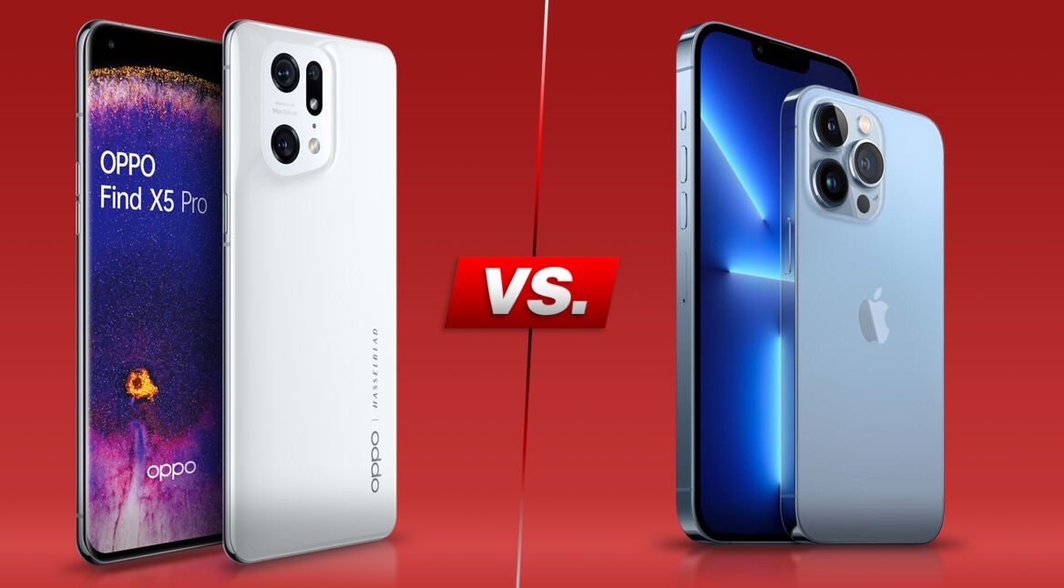 Smartphones OPPO Find X5 Pro und iPhone 13 PRo Max nebeneinander vor rotem Hintergrund
