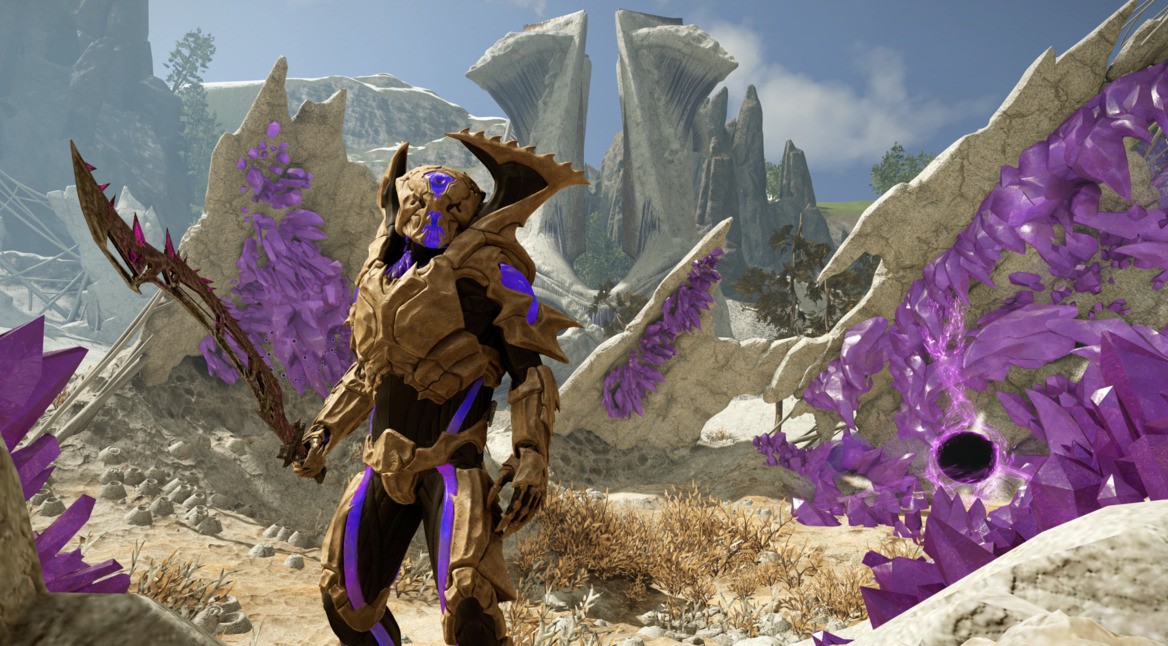 Ein Charakter steht in der Open World von Elex 2 und rüstet sich für einen Kampf