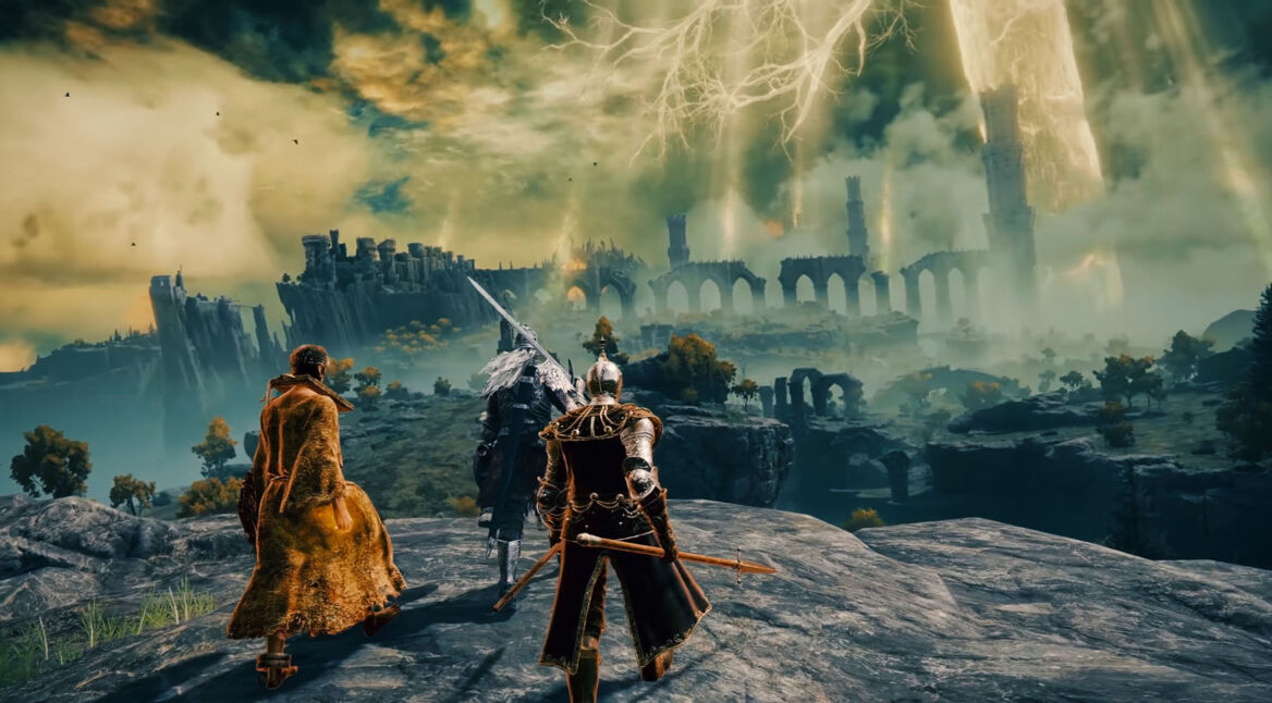 Drei Charaktere stehen in Elden Ring auf einer Klippe