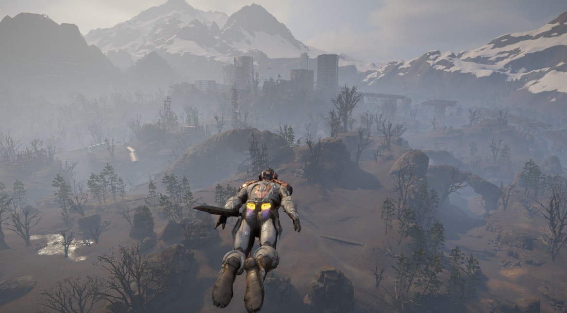 Ein Charakter fliegt in "Elex 2" mit seinem Jetpack durch die Luft.