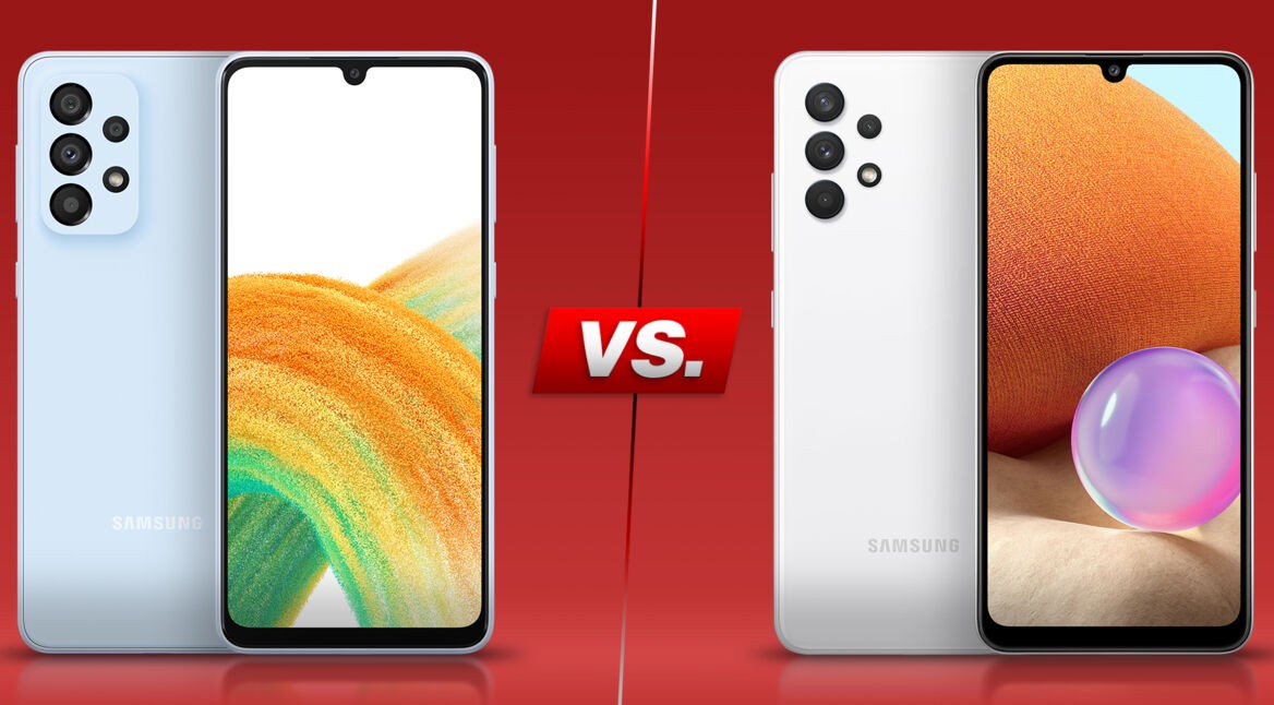 ZWei Samsung-Smartphones vor rotem Hintergrund: Galaxy A33 5G und Galaxy A32 5G