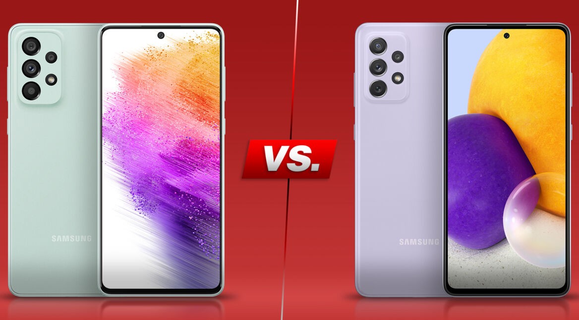 Zwei Mittelklasse-Handys nebeneinander: Galaxy A73 5G und Galaxy A72 5G