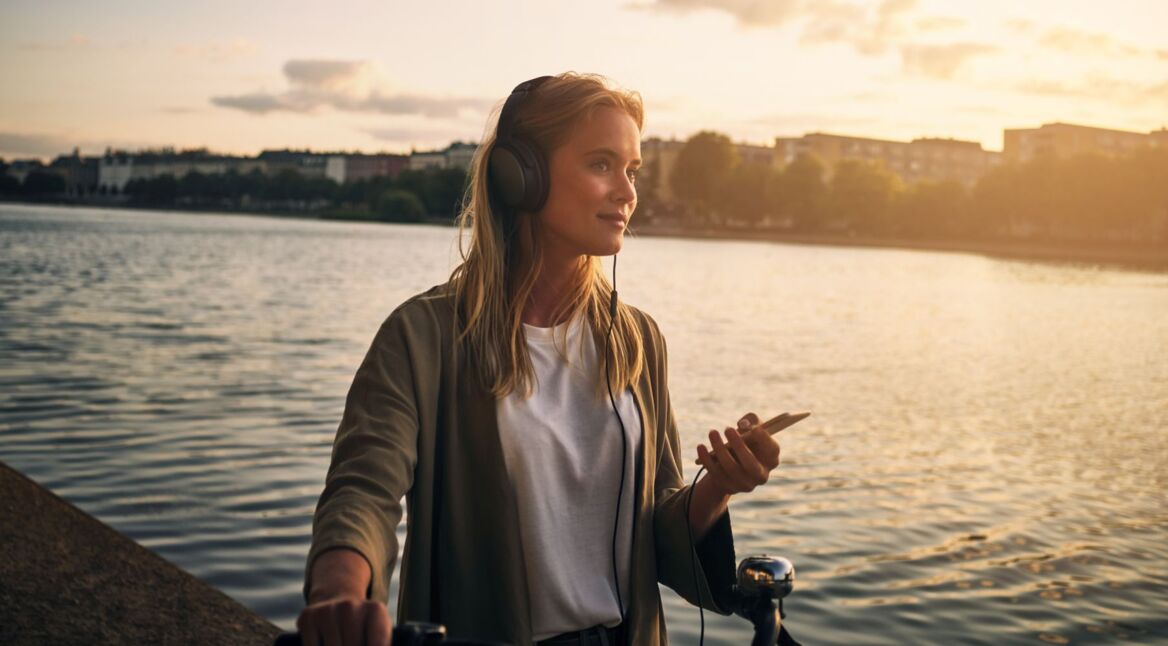 Frau hört Musik mit dem Handy.