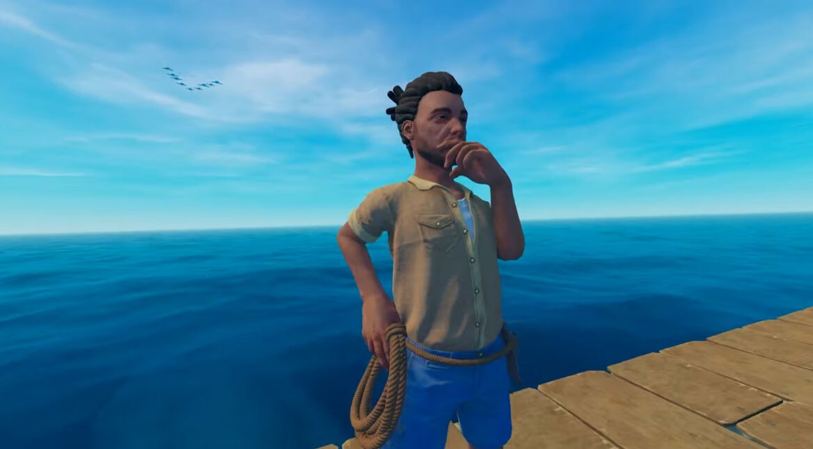 Ein Spieler steht auf einem Floß in Raft und überlegt.