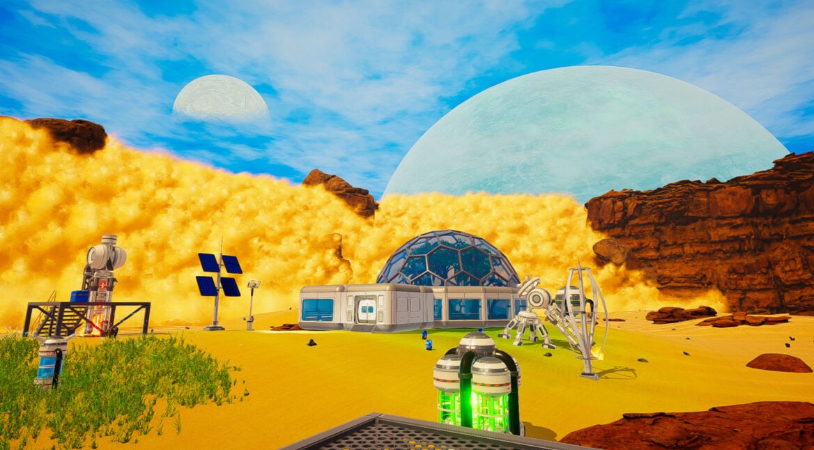 Eine Station auf einem Planeten wird von einer Sandwolke verschluckt im Spiel Planet Crafter
