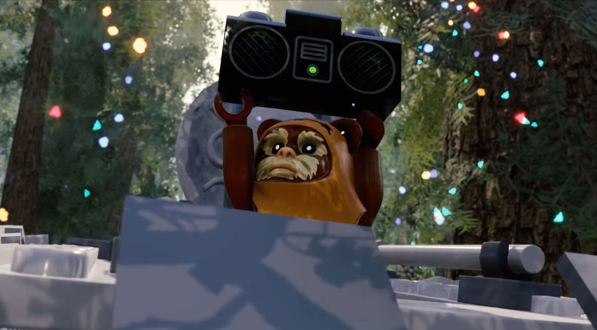 Ein Ewok hält in LEGO Star Wars: Die Skywalker Saga eine Boom-Box in der Hand
