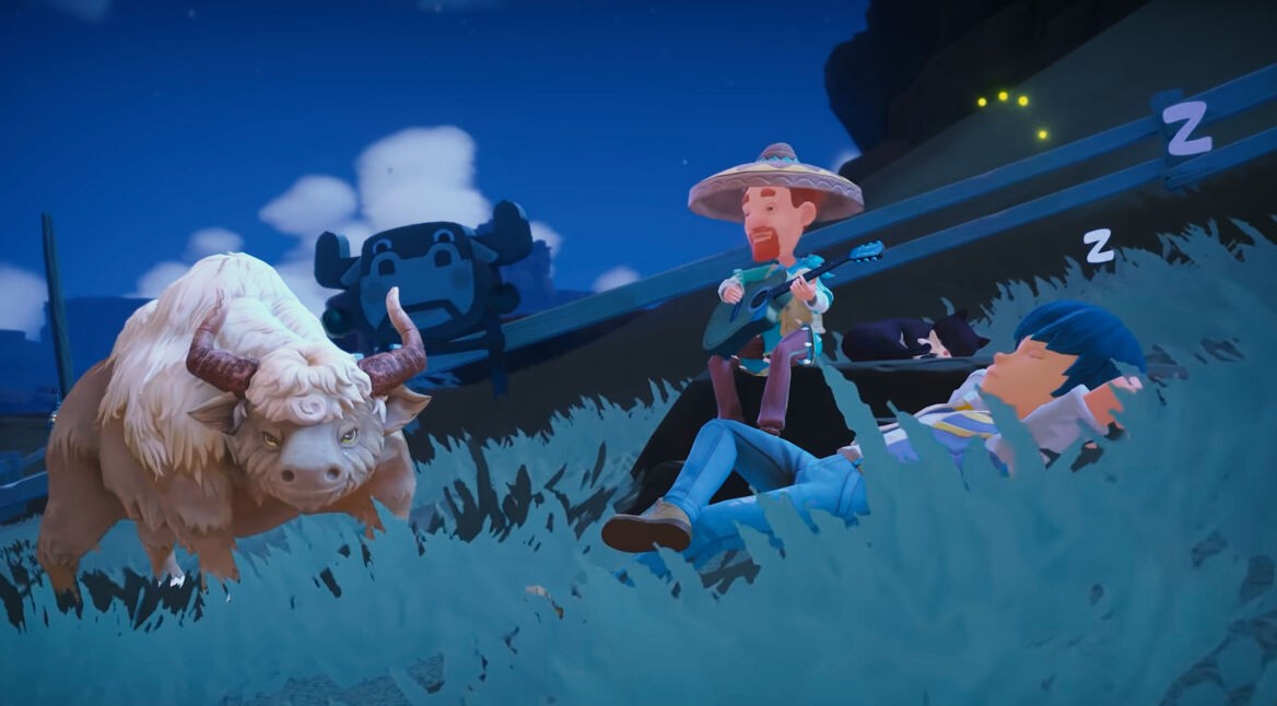 Eine Kuh, eine Katze und zwei Einwohner aus My Time in Sandrock